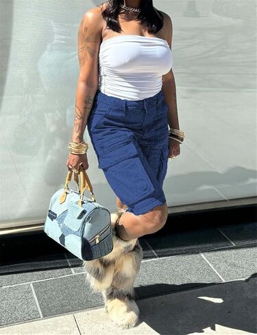 شورت جينز نسائي، شورت جينز طويل بخصر عالٍ مع جيوب in Kuwait