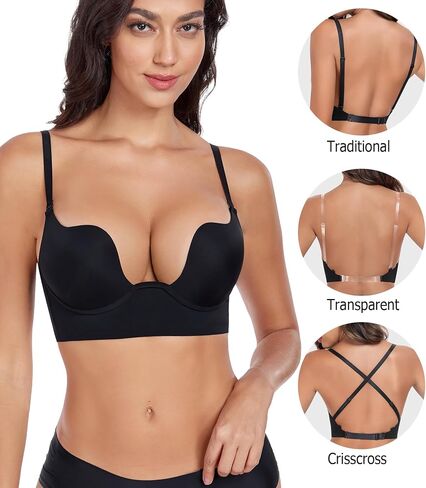 Women's Backless Deep Plunge Bra U Neckline Push Up Low Cut Supportive Underwire Bras in Saudi Arabia