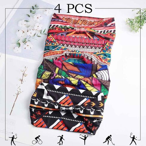African Headbands Boho Knotted Hairbands Stretch Wide Head Wraps Elastic Yoga Turban Hair Scarfs Workout Printed Hair Accessories for Women Pack of 4 (Style A) in Kuwait