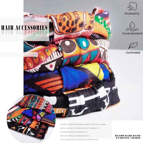 African Headbands Boho Knotted Hairbands Stretch Wide Head Wraps Elastic Yoga Turban Hair Scarfs Workout Printed Hair Accessories for Women Pack of 4 (Style A) in Kuwait