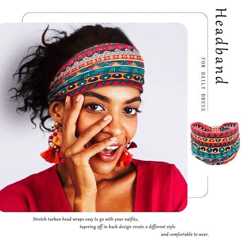 African Headbands Boho Knotted Hairbands Stretch Wide Head Wraps Elastic Yoga Turban Hair Scarfs Workout Printed Hair Accessories for Women Pack of 4 (Style A) in Kuwait