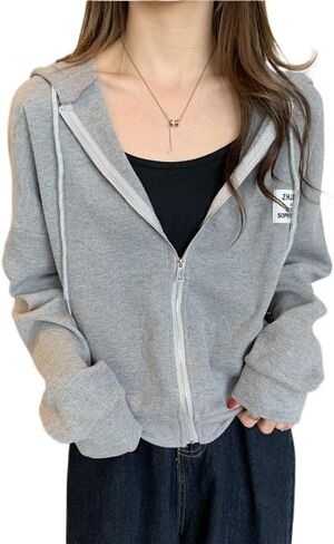 Women Coquette Hooded Crop Jacket Zip Up Cropped Sweatshirt Y2K Cottagecore Blouse Drawstring Preppy Cardigans in Saudi Arabia