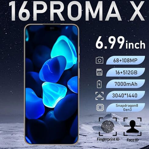 هاتف خلوي I16 PROMAX 5G، هاتف ذكي غير مقفل 8 جيجابايت + 256 جيجابايت/6.99 بوصة شاشة / كاميرا 68 ميجابكسل + 108 ميجابكسل/ بطارية 7000 مللي أمبير في الساعة، قدرة تحمل فائقة، بطاقة SIM مزدوجة/ فتح الوجه/ نظام تحديد المواقع العالمي/ فتح زر بصمة الإصبع (ذهبي) in Kuwait