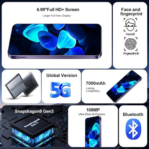 هاتف خلوي I16 PROMAX 5G، هاتف ذكي غير مقفل 8 جيجابايت + 256 جيجابايت/6.99 بوصة شاشة / كاميرا 68 ميجابكسل + 108 ميجابكسل/ بطارية 7000 مللي أمبير في الساعة، قدرة تحمل فائقة، بطاقة SIM مزدوجة/ فتح الوجه/ نظام تحديد المواقع العالمي/ فتح زر بصمة الإصبع (ذهبي) in Kuwait