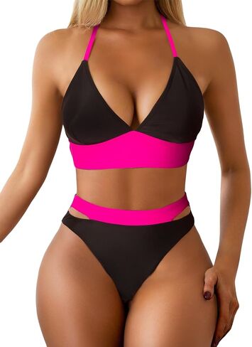 ألوان المرأة مطابقة ملابس السباحة المؤلفة من قطعتين ، بيكيني قطع الخصر الأسود in Kuwait