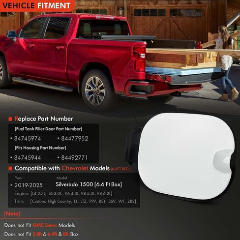 84745974 FUEL TANK FILLER CAP DOOR FIT FOR CHEVY SILVERADAD 1500 2019-2025 - فقط مناسب لطراز شيفروليه 6'6 " - غطاء باب غاز استبدال# 84477952 ، 84745944 - أبيض in Kuwait