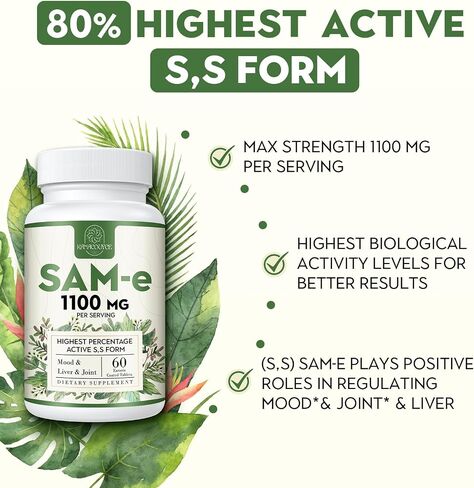 1100mg SAM-e (S-Adenosyl-L-Methionine), SAM e Supplement for Mood, Joint & Liver, Highest Concentration of Active S,S Form Same, Vegan, 120 Tablets in Saudi Arabia