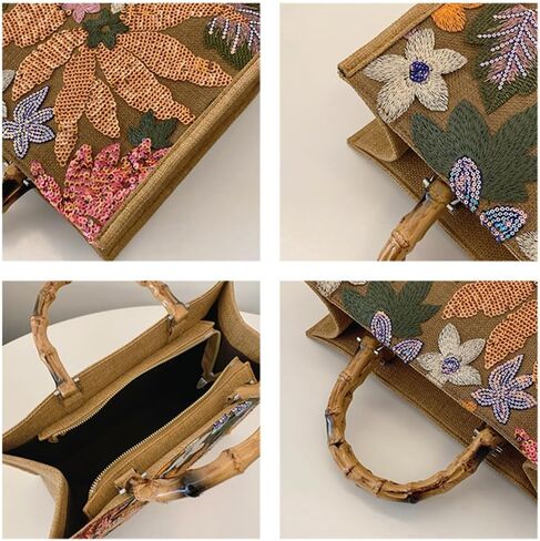 Sister Amy® Elegant Sequin-Embroidered Woven Tote Bag - Stylish Summer Beach Shoulder Handbag for Women's Vacation Essentials in Kuwait