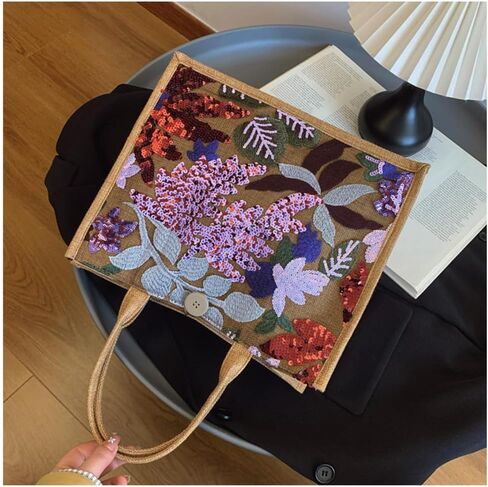 Sister Amy® Elegant Sequin-Embroidered Woven Tote Bag - Stylish Summer Beach Shoulder Handbag for Women's Vacation Essentials in Kuwait