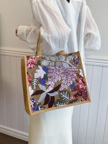 Sister Amy® Elegant Sequin-Embroidered Woven Tote Bag - Stylish Summer Beach Shoulder Handbag for Women's Vacation Essentials in Kuwait