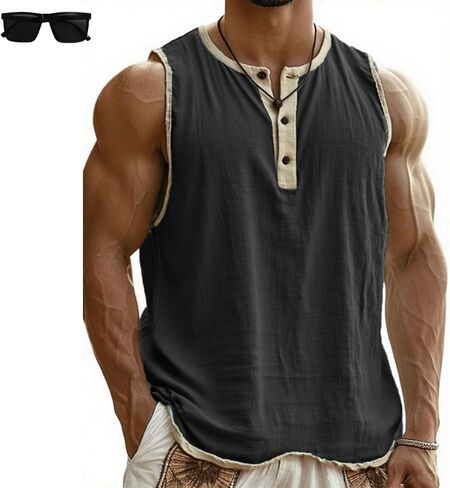 Mokaloha Sleeveless Shirts, Men's Vintage Breathable Sleeveless Henley Three-Button T-Shirt for Workout Running in Saudi Arabia