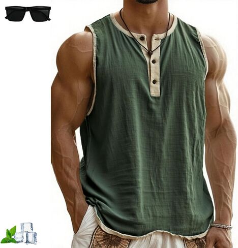 Mokaloha Sleeveless Shirts, Men's Vintage Breathable Sleeveless Henley Three-Button T-Shirt for Workout Running in Saudi Arabia