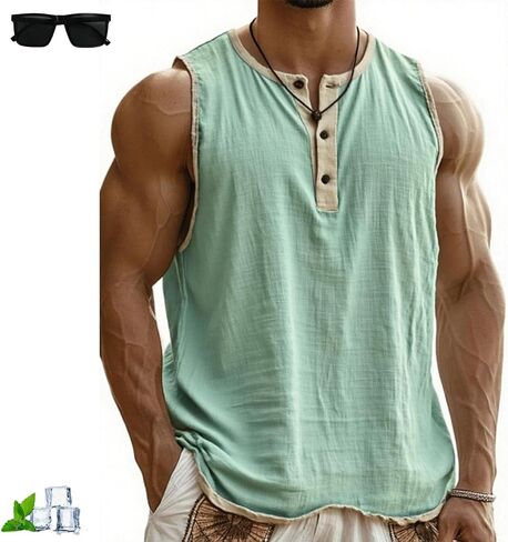 Mokaloha Sleeveless Shirts, Men's Vintage Breathable Sleeveless Henley Three-Button T-Shirt for Workout Running in Saudi Arabia