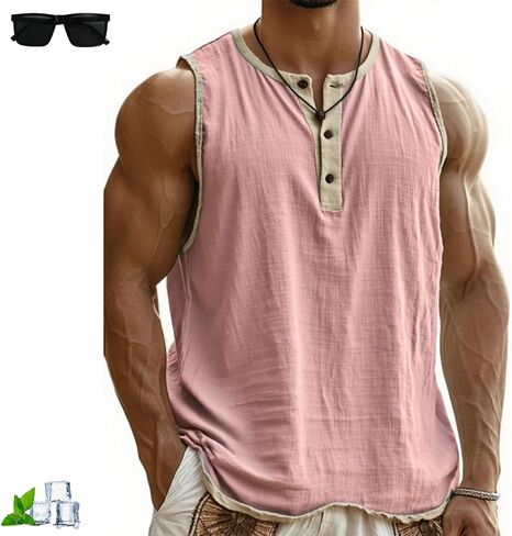 Mokaloha Sleeveless Shirts, Men's Vintage Breathable Sleeveless Henley Three-Button T-Shirt for Workout Running in Saudi Arabia