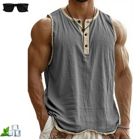 Mokaloha Sleeveless Shirts, Men's Vintage Breathable Sleeveless Henley Three-Button T-Shirt for Workout Running in Saudi Arabia