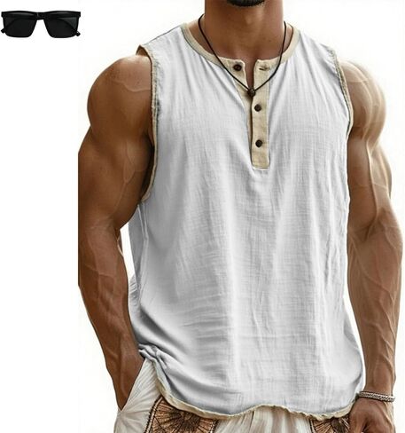 Mokaloha Sleeveless Shirts, Men's Vintage Breathable Sleeveless Henley Three-Button T-Shirt for Workout Running in Saudi Arabia