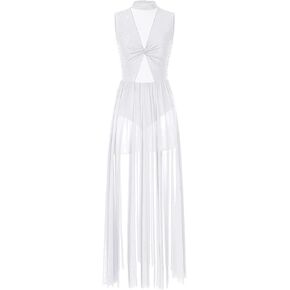 Lyrical Dance Costumes Womens Shiny Rhinestone Overlay Dress for Figure Skating Sheer Mesh Ballet Lyrical Dance Dress Stage Performance Costume(White,L) in Kuwait