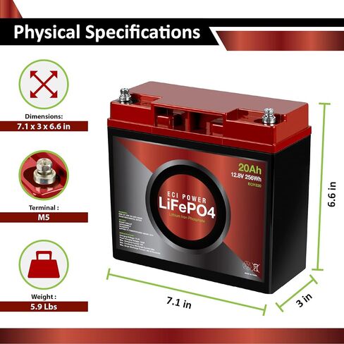 ECI Power 12V 20AH LITHIUM LIFEPO4 بطارية قابلة لإعادة شحن الدورة العميقة | 2000-5000 دورات الحياة و 10 سنوات مدى الحياة | مدمج BMS | مثالي ل RV ، الطاقة الشمسية ، البحرية ، برا ، تطبيق خارج الشبكة in Saudi Arabia