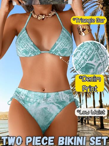Denim Print Bikini Sets,Side Tie Low Rise String Bikinis,Sexy Two Piece Swimsuit for Women Cowgirl Beach Vacation in Saudi Arabia