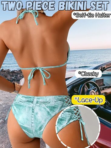 Denim Print Bikini Sets,Side Tie Low Rise String Bikinis,Sexy Two Piece Swimsuit for Women Cowgirl Beach Vacation in Saudi Arabia