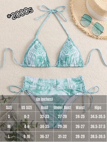 Denim Print Bikini Sets,Side Tie Low Rise String Bikinis,Sexy Two Piece Swimsuit for Women Cowgirl Beach Vacation in Saudi Arabia
