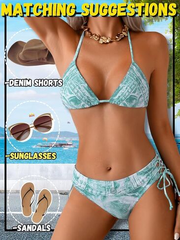 Denim Print Bikini Sets,Side Tie Low Rise String Bikinis,Sexy Two Piece Swimsuit for Women Cowgirl Beach Vacation in Saudi Arabia