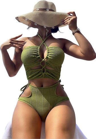 SISKIN Bikini Sets for Women, High Waisted Cut Out Bathing Suit Drawstring Cross Strap Halter Textured Two Piece Swimsuits in Kuwait