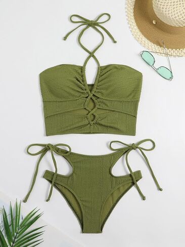 SISKIN Bikini Sets for Women, High Waisted Cut Out Bathing Suit Drawstring Cross Strap Halter Textured Two Piece Swimsuits in Kuwait