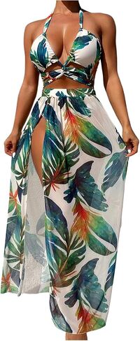 SweatyRocks نساء من Crisscross Cutout Halter Suit With Swimsuit Cover Up Slit Skirt 3 VICES in Saudi Arabia