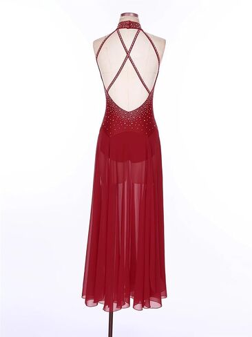 Lyrical Dance Costumes Women Modern Lyrical Dance Dress Rhinestone Leotard Overlay Chiffon Split Long Dress for Ballet Gymnastics Performance(Light Brown A,L) in Kuwait