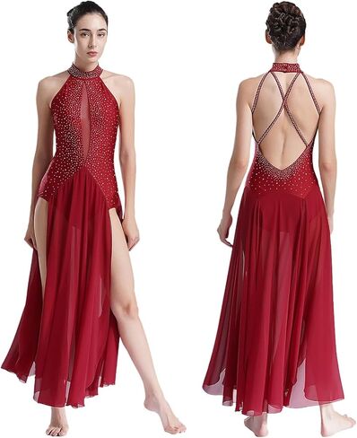 Lyrical Dance Costumes Women Modern Lyrical Dance Dress Rhinestone Leotard Overlay Chiffon Split Long Dress for Ballet Gymnastics Performance(Light Brown A,L) in Kuwait