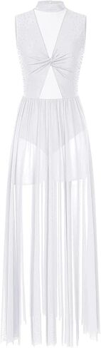 Lyrical Dance Costumes Womens Shiny Rhinestone Overlay Dress for Figure Skating Sheer Mesh Ballet Lyrical Dance Dress Stage Performance Costume(White,L) in Kuwait