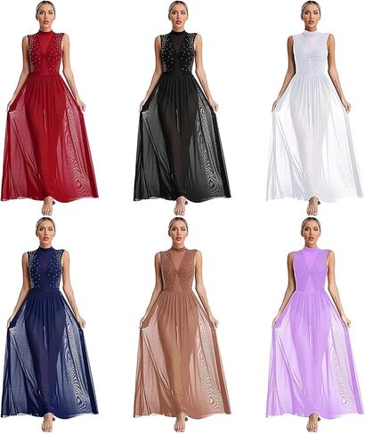 Lyrical Dance Costumes Womens Shiny Rhinestone Overlay Dress for Figure Skating Sheer Mesh Ballet Lyrical Dance Dress Stage Performance Costume(White,L) in Kuwait