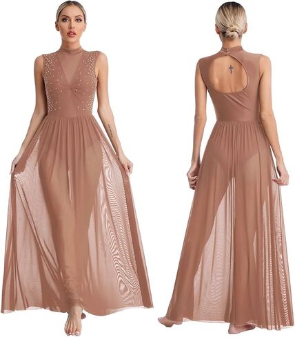 Lyrical Dance Costumes Womens Shiny Rhinestone Overlay Dress for Figure Skating Sheer Mesh Ballet Lyrical Dance Dress Stage Performance Costume(White,L) in Kuwait