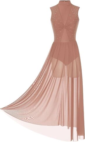 Lyrical Dance Costumes Womens Shiny Rhinestone Overlay Dress for Figure Skating Sheer Mesh Ballet Lyrical Dance Dress Stage Performance Costume(White,L) in Kuwait