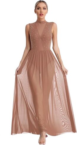 Lyrical Dance Costumes Womens Shiny Rhinestone Overlay Dress for Figure Skating Sheer Mesh Ballet Lyrical Dance Dress Stage Performance Costume(White,L) in Kuwait