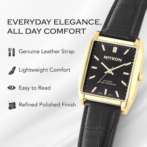 Miykon Vintage Watches for Men - Tank Square Analog Watch with Genuine Leather Wrist Strap for Classic Dress - Ion Polished, Scratch Resistant Glass, Japanese Quartz, Waterproof to 100ft in Kuwait