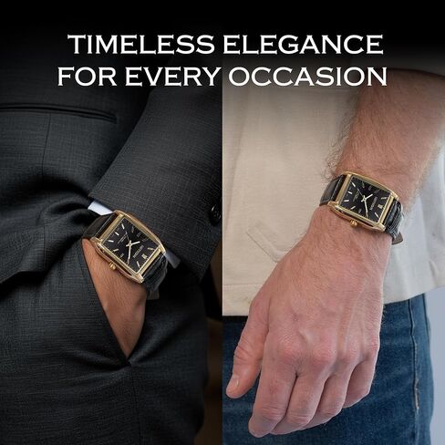 Miykon Vintage Watches for Men - Tank Square Analog Watch with Genuine Leather Wrist Strap for Classic Dress - Ion Polished, Scratch Resistant Glass, Japanese Quartz, Waterproof to 100ft in Kuwait