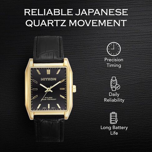 Miykon Vintage Watches for Men - Tank Square Analog Watch with Genuine Leather Wrist Strap for Classic Dress - Ion Polished, Scratch Resistant Glass, Japanese Quartz, Waterproof to 100ft in Kuwait
