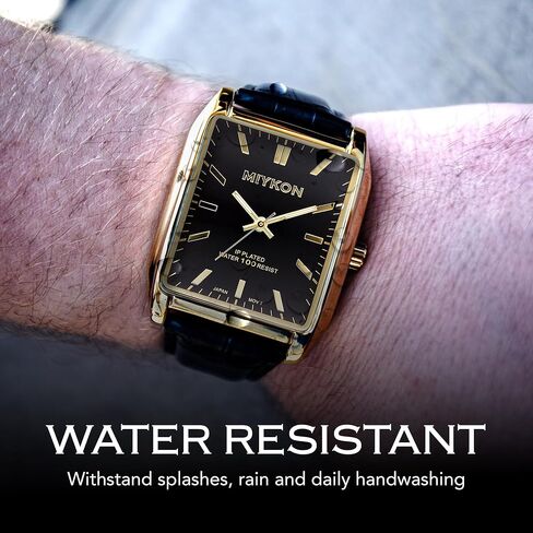 Miykon Vintage Watches for Men - Tank Square Analog Watch with Genuine Leather Wrist Strap for Classic Dress - Ion Polished, Scratch Resistant Glass, Japanese Quartz, Waterproof to 100ft in Kuwait