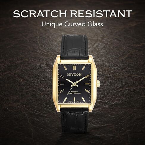 Miykon Vintage Watches for Men - Tank Square Analog Watch with Genuine Leather Wrist Strap for Classic Dress - Ion Polished, Scratch Resistant Glass, Japanese Quartz, Waterproof to 100ft in Kuwait