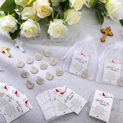 Ctosree 50 Set Funeral Gifts Celebration of Life Decorations Idea Mini Tear Shaped Memorial Ornament Pocket Token Cardinal Funeral Prayer Cards and Organza Bags Favors for Guests in Kuwait