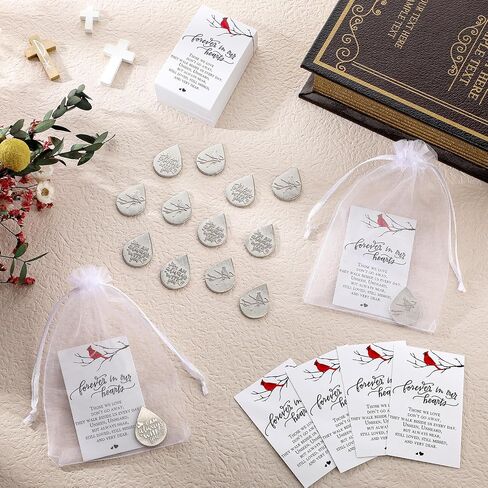 Ctosree 50 Set Funeral Gifts Celebration of Life Decorations Idea Mini Tear Shaped Memorial Ornament Pocket Token Cardinal Funeral Prayer Cards and Organza Bags Favors for Guests in Kuwait
