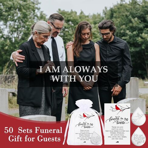 Ctosree 50 Set Funeral Gifts Celebration of Life Decorations Idea Mini Tear Shaped Memorial Ornament Pocket Token Cardinal Funeral Prayer Cards and Organza Bags Favors for Guests in Kuwait