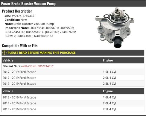 Power Brake Booster Vacuum Pump - Compatible with 2013-2019 Ford Escape in Saudi Arabia
