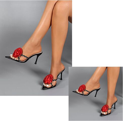 Women's Satin 3D Flower Stiletto Sandals Sexy Pointed Open Toe Slip-On Non-Slip Prom Formal High Heel Sandals for Party, Date, Wedding in Saudi Arabia