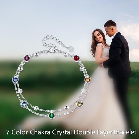POPLYKE 925 Sterling Silver Crystal Chakra Bracelet Layered Chain Bracelet for Women Crystal Chakra Jewelry in Saudi Arabia