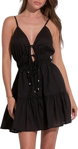 ELAN Women's Spaghetti Strap Tie Front Keyhole Cover-Up Mini Dress in Saudi Arabia