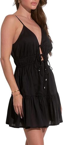 ELAN Women's Spaghetti Strap Tie Front Keyhole Cover-Up Mini Dress in Saudi Arabia