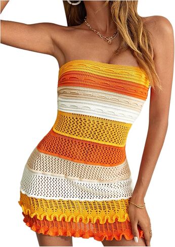 Makemechic Women's Crochet Crocket Cover Up Beachwear Colorblock Tube Mini Dress in Saudi Arabia